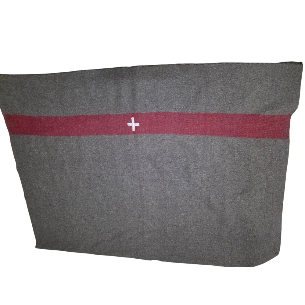 Swiss Army Style Wool Blanket Brown Red Stripe White Cross Reproduction Reissued